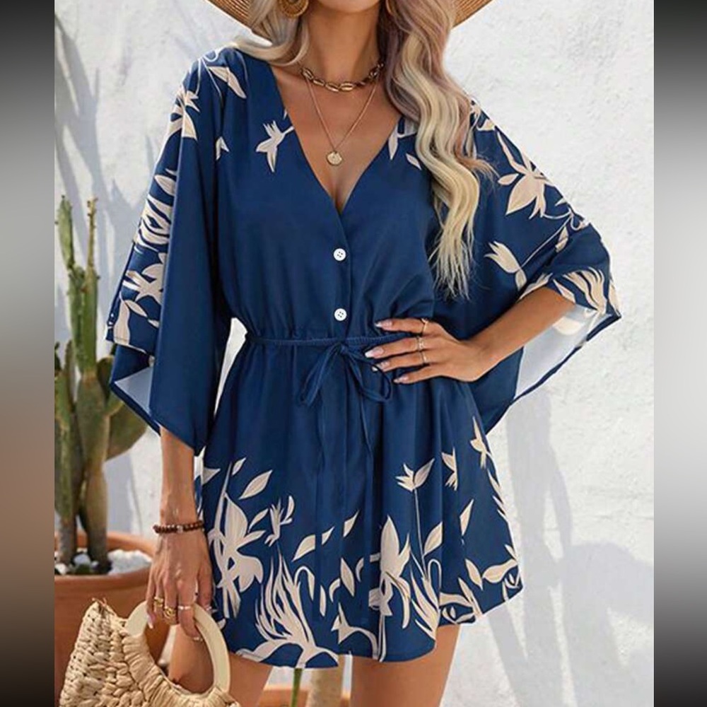 Boho floral tropical print button detail  knot front mini  dress